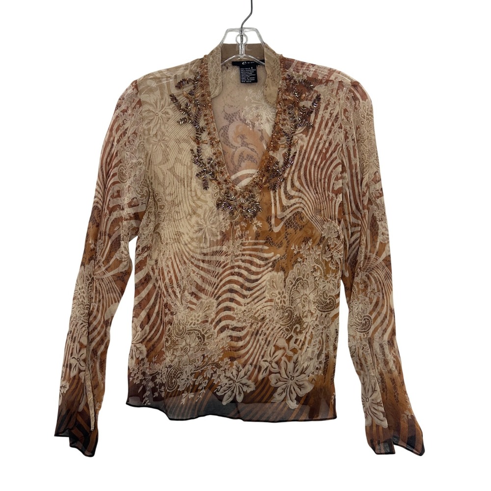 E by ECI Womens Sheer Silk Embellished Blouse Brown Tan Floral Animal Print 4